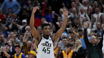 SALT LAKE CITY, UT - OCTOBER 19: Donovan Mitchell #45 of the Utah Jazz reacts to a late basket in the second half of a NBA game against the Golden State Warriors at Vivint Smart Home Arena on October 19, 2018 in Salt Lake City, Utah. NOTE TO USER: User expressly acknowledges and agrees that, by downloading and or using this photograph, User is consenting to the terms and conditions of the Getty Images License Agreement. (Photo by Gene Sweeney Jr./Getty Images)