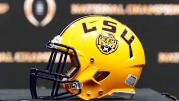 NEW ORLEANS, LOUISIANA - JANUARY 12: A general view of LSU Tigers helmet before the Head Coaches Press Conference before the College Football Playoff National Championship at the Grand Ballroom at the Sheraton Hotel on January 12, 2020 in New Orleans, Louisiana. (Photo by Don Juan Moore/Getty Images)