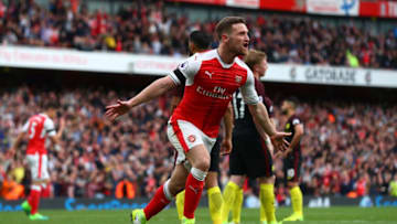 LONDON, ENGLAND - APRIL 02: Shkodran Mustafi of Arsenal celebrates scoring his sides second goal during the Premier League match between Arsenal and Manchester City at Emirates Stadium on April 2, 2017 in London, England. (Photo by Clive Rose/Getty Images)