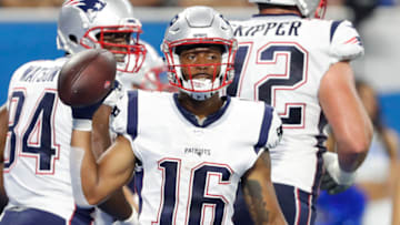 Aug 8, 2019; Detroit, MI, USA; New England Patriots wide receiver Jakobi Meyers (16) holds the ball after scoring a touchdown during the second quarter against the Detroit Lions at Ford Field. Mandatory Credit: Raj Mehta-USA TODAY Sports