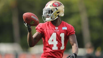 CORAL GABLES, FLORIDA - JANUARY 31: Emmanuel Moseley #41 of the San Francisco 49ers goes through a drill during practice for Super Bowl LIV at the Greentree Practice Fields on the campus of the University of Miami on January 31, 2020 in Coral Gables, Florida. (Photo by Michael Reaves/Getty Images)