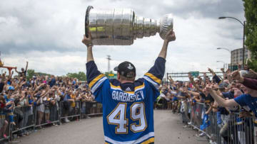 ST LOUIS, MO - JUNE 15: Ivan Barbashev #49 of the St. Louis Blues hoists the Stanley Cup during the St Louis Blues Victory Parade and Rally after winning the 2019 Stanley Cup Final on June 15, 2019 in St Louis, Missouri. (Photo by Nic Antaya/Getty Images)