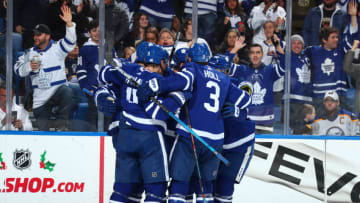 BUFFALO, NY - NOVEMBER 27: John Tavares #91 of the Toronto Maple Leafs celebrates his first period goal with teammates during an NHL game against the Buffalo Sabres on November 27, 2019 at KeyBank Center in Buffalo, New York. (Photo by Sara Schmidle/NHLI via Getty Images)