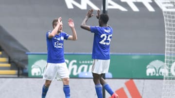 Jamie Vardy of Leicester City celebrates with Wilfred Ndidi of Leicester City (right) (Photo by MB Media/Getty Images)