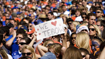 GAINESVILLE, FL - OCTOBER 17: Fans of Tim Tebow #15 of the Florida Gators show their love during a game against the Arkansas Razorbacks at Ben Hill Griffin Stadium on October 17, 2009 in Gainesville, Florida. The Gators won 23-20. (Photo by Wesley Hitt/Getty Images)