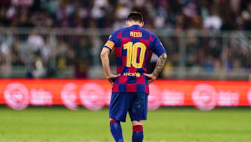 JEDDAH, SAUDI ARABIA - JANUARY 09: Lionel Messi of FC Barcelona walks in the field during the Supercopa de Espana Semi-Final match between FC Barcelona and Club Atletico de Madrid at King Abdullah Sports City on January 9, 2020 in Jeddah, Saudi Arabia. (Photo by Ricardo Nogueira/Eurasia Sport Images/Getty Images)