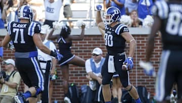 Oct 29, 2016; Atlanta, GA, USA; Duke Blue Devils tight end Daniel Helm (80) celebrates after a touchdown catch against the Georgia Tech Yellow Jackets in the fourth quarter at Bobby Dodd Stadium. Georgia Tech defeated Duke 38-35. Mandatory Credit: Brett Davis-USA TODAY Sports