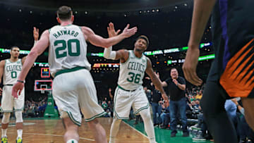 Boston Celtics Gordon Hayward Marcus Smart (Photo by Jim Davis/The Boston Globe via Getty Images)