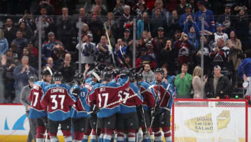 DENVER, CO - JANUARY 20: Members of the Colorado Avalanche celebrate after a win against the New York Rangers at the Pepsi Center on January 20, 2018 in Denver, Colorado. The Avalanche defeated the Rangers 3-1. (Photo by Michael Martin/NHLI via Getty Images)