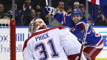 NEW YORK, NY - APRIL 22: Mats Zuccarello #36 of the New York Rangers scores a goal against Carey Price #31 of the Montreal Canadiens during the second period in Game Six of the Eastern Conference First Round during the 2017 NHL Stanley Cup Playoffs at Madison Square Garden on April 22, 2017 in New York City. The Rangers defeated the Canadiens 3-1. (Photo by Bruce Bennett/Getty Images)