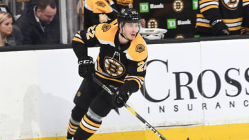 BOSTON, MA - FEBRUARY 9: Peter Cehlairk #22 of the Boston Bruins skates with the puck against the Los Angeles Kings at the TD Garden on February 9, 2019 in Boston, Massachusetts. (Photo by Steve Babineau/NHLI via Getty Images)