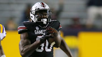 BATON ROUGE, LOUISIANA - OCTOBER 24: Keveon Mullins #80 of the South Carolina Gamecocks in action against the LSU Tigers during a game at Tiger Stadium on October 24, 2020 in Baton Rouge, Louisiana. (Photo by Jonathan Bachman/Getty Images)