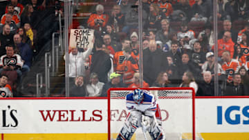 PHILADELPHIA, PA - APRIL 07: Henrik Lundqvist #30 of the New York Rangers pauses late in the third period following a New York Rangers goal at the Wells Fargo Center on April 7, 2018 in Philadelphia, Pennsylvania. The Flyers shut out the Rangers 5-0. (Photo by Bruce Bennett/Getty Images)