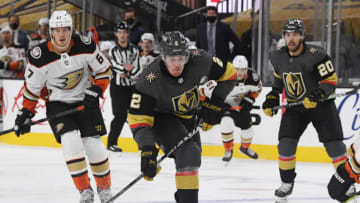 Zach Whitecloud #2 of the Vegas Golden Knights skates with the puck against the Anaheim Ducks (Photo by Ethan Miller/Getty Images)