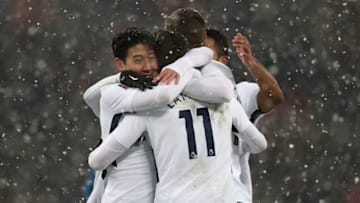 LONDON, ENGLAND - FEBRUARY 28: Son Heung-min of Tottenham celebrates with team mates after scoring his team's fifth goal of the game during The Emirates FA Cup Fifth Round Replay match between Tottenham Hotspur and Rochdale on February 28, 2018 in London, United Kingdom. (Photo by Catherine Ivill/Getty Images)