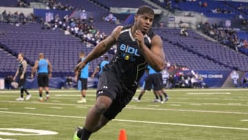 Feb 24, 2014; Indianapolis, IN, USA; Missouri Tigers defensive lineman Kony Ealy runs the shuttle during the 2014 NFL Combine at Lucas Oil Stadium. Mandatory Credit: Brian Spurlock-USA TODAY Sports