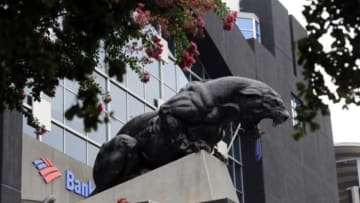 Aug 8, 2014; Charlotte, NC, USA; A general view of a panther statue in front of the stadium before the game between the Carolina Panthers and the Buffalo Bills at Bank of America Stadium. Mandatory Credit: Sam Sharpe-USA TODAY Sports