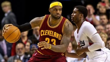Nov 4, 2014; Portland, OR, USA; Cleveland Cavaliers forward LeBron James (23) posts up against Portland Trail Blazers guard Wesley Matthews (2) during the second quarter at the Moda Center. Mandatory Credit: Craig Mitchelldyer-USA TODAY Sports