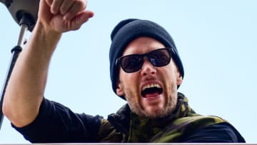 BOSTON, MASSACHUSETTS - FEBRUARY 05: Tom Brady #12 of the New England Patriots reacts during the Super Bowl Victory Parade on February 05, 2019 in Boston, Massachusetts. (Photo by Billie Weiss/Getty Images)