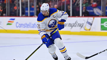 Mar 17, 2023; Philadelphia, Pennsylvania, USA; Buffalo Sabres right wing Kyle Okposo (21) controls the puck against the Philadelphia Flyers in the second period at Wells Fargo Center. Mandatory Credit: Kyle Ross-USA TODAY Sports