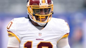 Dec 14, 2014; East Rutherford, NJ, USA; Washington Redskins quarterback Robert Griffin III (10) before the game against the New York Giants at MetLife Stadium. Mandatory Credit: Robert Deutsch-USA TODAY Sports
