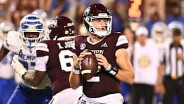 Sep 3, 2022; Starkville, Mississippi, USA;Mississippi State Bulldogs quarterback Will Rogers (2) drops back to pass against the Memphis Tigers during the fourth quarter at Davis Wade Stadium at Scott Field. Mandatory Credit: Matt Bush-USA TODAY Sports