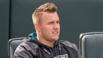 PHILADELPHIA, PA - OCTOBER 23: Mike Trout #27 Los Angeles Angels of Anaheim watches the game between the Minnesota Vikings and Philadelphia Eagles at Lincoln Financial Field on October 23, 2016 in Philadelphia, Pennsylvania. The Eagles defeated the Vikings 21-10. (Photo by Mitchell Leff/Getty Images)