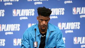 MINNEAPOLIS, MN - APRIL 21: Jimmy Butler #23 of the Minnesota Timberwolves talks to the media following Game Three of Round One of the 2018 NBA Playoffs against the Houston Rockets on April 21, 2018 at Target Center in Minneapolis, Minnesota. NOTE TO USER: User expressly acknowledges and agrees that, by downloading and or using this Photograph, user is consenting to the terms and conditions of the Getty Images License Agreement. Mandatory Copyright Notice: Copyright 2018 NBAE (Photo by David Sherman/NBAE via Getty Images)