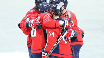 WASHINGTON, DC - FEBRUARY 20: Alex Ovechkin #8 of the Washington Capitals celebrates after scoring a goal against the Montreal Canadiens during the first period at Capital One Arena on February 20, 2020 in Washington, DC. The goal was Alex Ovechkin #8 of the Washington Capitals 699th career goal. (Photo by Patrick Smith/Getty Images)