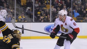 Dec 13, 2014; Boston, MA, USA; Boston Bruins goalie Tuukka Rask (40) makes a save on Ottawa Senators right wing Bobby Ryan (6) during overtime at TD Banknorth Garden. Mandatory Credit: Bob DeChiara-USA TODAY Sports