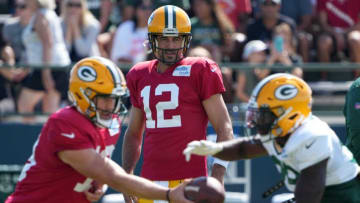 Green Bay Packers quarterback Aaron Rodgers (12) is shown Tuesday, August 16, 2022 during training camp in Green Bay, Wis. It was the first of two days of joint practices for the Green Bay Packers and New Orleans Saints.Packers16 6