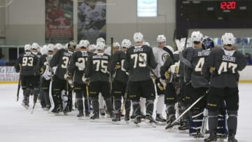 LAS VEGAS, NV - JULY 01: Players meet on the ice at the conclusion of the Vegas Golden Knights Development Camp at the Las Vegas Ice Center on July 01, 2017 in Las Vegas, Nevada. (Photo by Marc Sanchez/Icon Sportswire via Getty Images)