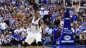 Feb 20, 2015; Dallas, TX, USA; Dallas Mavericks guard Rajon Rondo (9) during the game against the Houston Rockets at American Airlines Center. Mandatory Credit: Kevin Jairaj-USA TODAY Sports