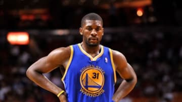 Dec 12, 2012; Miami, FL, USA; Golden State Warriors center Festus Ezeli (31) during a game against the Miami Heat at American Airlines Arena. Mandatory Credit: Steve Mitchell-USA TODAY Sports