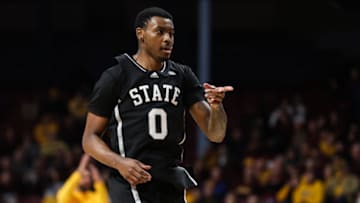 Dec 11, 2022; Minneapolis, Minnesota, USA; Mississippi State Bulldogs forward D.J. Jeffries (0) reacts to his shot against the Minnesota Golden Gophers during the second half at Williams Arena. Mandatory Credit: Matt Krohn-USA TODAY Sports