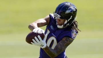 Jun 14, 2016; Baltimore, MD, USA; Baltimore Ravens wide receiver Chris Moore (10) catches a pass during the first day of minicamp sessions at Under Armour Performance Center. Mandatory Credit: Tommy Gilligan-USA TODAY Sports