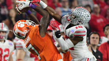 Dec 31, 2016; Glendale, AZ, USA; Clemson wide receiver Mike Williams (7) catches a pass defended by Ohio State cornerback Denzel Ward (12) during the first quarter in the 2016 CFP semifinal at University of Phoenix Stadium. Mandatory Credit: Matt Kartozian-USA TODAY Sports