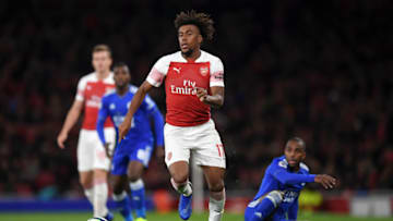 LONDON, ENGLAND - OCTOBER 22: Alex Iwobi of Arsenal is tackled by Ricardo Pereira of Leicester City during the Premier League match between Arsenal FC and Leicester City at Emirates Stadium on October 22, 2018 in London, United Kingdom. (Photo by Shaun Botterill/Getty Images)