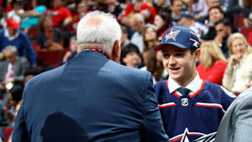CHICAGO, IL - JUNE 24: Alexandre Texier meets with executives after being selected 45th overall by the Columbus Blue Jackets during the 2017 NHL Draft at the United Center on June 24, 2017 in Chicago, Illinois. (Photo by Bruce Bennett/Getty Images)