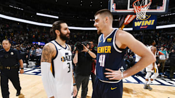 DENVER, CO -NOVEMBER 3: Utah Jazz guard Ricky Rubio #3 and Denver Nuggets forward Juan Hernangomez #41 share a moment after the game between the Utah Jazz and the Denver Nuggets on November 3, 2018 at the Pepsi Center in Denver, Colorado. NOTE TO USER: User expressly acknowledges and agrees that, by downloading and/or using this Photograph, user is consenting to the terms and conditions of the Getty Images License Agreement. Mandatory Copyright Notice: Copyright 2018 NBAE (Photo by Garrett Ellwood/NBAE via Getty Images)