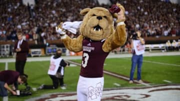 Nov 28, 2015; Starkville, MS, USA; Mississippi State Bulldogs mascot Bully runs onto the field before the game against the Mississippi Rebels at Davis Wade Stadium. Mississippi won 38-27. Mandatory Credit: Matt Bush-USA TODAY Sports