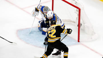 BOSTON, MA - MAY 27: Boston Bruins center Sean Kuraly (52) scores the game winner during Game 1 of the 2019 Stanley Cup Finals between the Boston Bruins and the St. Louis Blues on May 27, 2019, at TD Garden in Boston, Massachusetts. (Photo by Fred Kfoury III/Icon Sportswire via Getty Images)