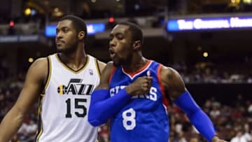 Mar 8, 2014; Philadelphia, PA, USA; Philadelphia 76ers guard Tony Wroten (8) celebrates making a play during the fourth quarter against the Utah Jazz at Wells Fargo Center. The Jazz defeated the Sixers 104-92. Mandatory Credit: Howard Smith-USA TODAY Sports