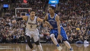 Dec 8, 2016; Toronto, Ontario, CAN; Toronto Raptors guard DeMar DeRozan (10) controls the ball as Minnesota Timberwolves guard Ricky Rubio (9) defends during the fourth quarter at Air Canada Centre. The Toronto Raptors won 124-110. Mandatory Credit: Nick Turchiaro-USA TODAY Sports