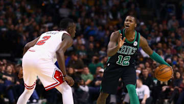 BOSTON, MA - DECEMBER 23: Terry Rozier 12 of the Boston Celtics calls a play during the game against the Chicago Bulls at TD Garden on December 23, 2017 in Boston, Massachusetts. NOTE TO USER: User expressly acknowledges and agrees that, by downloading and or using this photograph, User is consenting to the terms and conditions of the Getty Images License Agreement. (Photo by Omar Rawlings/Getty Images)