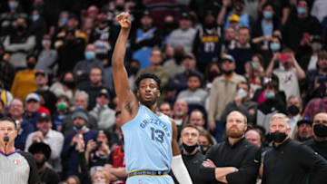 DENVER, CO - JANUARY 21: Jaren Jackson Jr. #13 of the Memphis Grizzlies reacts to a three point shot against the Denver Nuggets at Ball Arena on January 21, 2022 in Denver, Colorado. NOTE TO USER: User expressly acknowledges and agrees that, by downloading and or using this photograph, User is consenting to the terms and conditions of the Getty Images License Agreement. (Photo by Ethan Mito/Clarkson Creative/Getty Images)