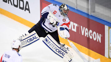 LUGANO, SWITZERLAND - OCTOBER 04: Matej Machovsky of Pilsen during the Champions Hockey League Round of 32 match between HC Lugano and HC Pilsen at Resega on October 4, 2016 in Lugano, Switzerland. (Photo by HC Lugano/Champions Hockey League via Getty Images)