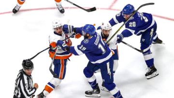 EDMONTON, ALBERTA - SEPTEMBER 15: Barclay Goodrow #19 of the Tampa Bay Lightning checks Jean-Gabriel Pageau #44 of the New York Islanders during the third period in Game Five of the Eastern Conference Final during the 2020 NHL Stanley Cup Playoffs at Rogers Place on September 15, 2020 in Edmonton, Alberta, Canada. (Photo by Bruce Bennett/Getty Images)