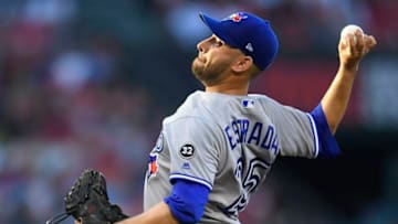 ANAHEIM, CA - JUNE 22: Marco Estrada #25 of the Toronto Blue Jays pitches against the Los Angeles Angels of Anaheim in the first inning at Angel Stadium on June 22, 2018 in Anaheim, California. (Photo by John McCoy/Getty Images)