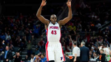Jan 17, 2015; Auburn Hills, MI, USA; Detroit Pistons forward Anthony Tolliver (43) celebrates during the third quarter against the Philadelphia 76ers at The Palace of Auburn Hills. Detroit won 107-89. Mandatory Credit: Tim Fuller-USA TODAY Sports